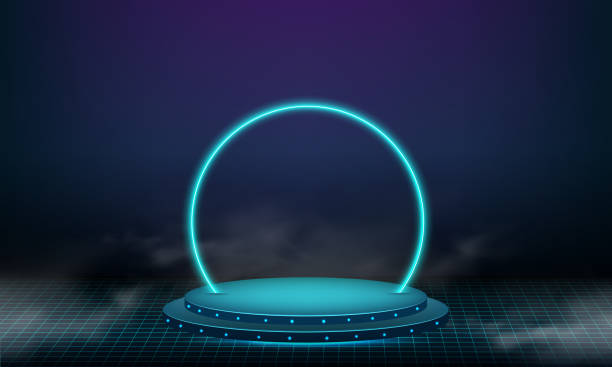 abstract technology cylinder pedestal podium. sci-fi dark empty room concept with circle glowing neon lighting. product display presentation. futuristic wall scene. - 平臺(tái)門戶 幅插畫檔、美工圖案、卡通及圖標(biāo)